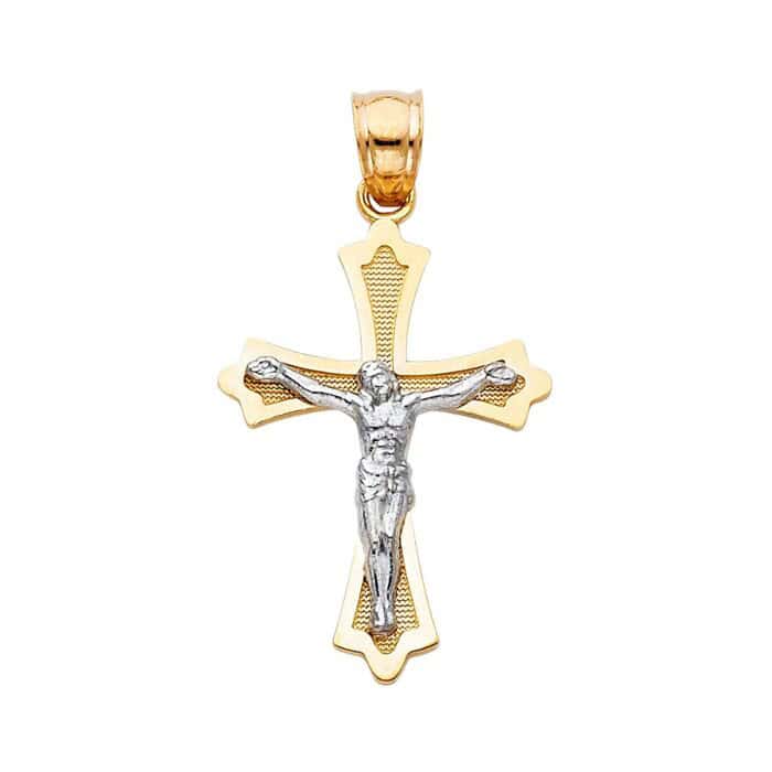 14K Two Tone Gold Jesus Crucifix Cross Religious Pendant