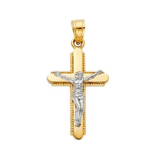 14K Two Tone Gold Jesus Crucifix Cross Religious Pendant