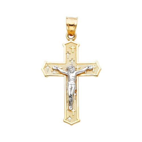 14K Two Tone Gold Jesus Crucifix Cross Religious Pendant