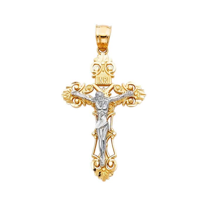 14K Two Tone Gold Jesus Crucifix Cross Religious Pendant