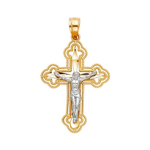 14K Two Tone Gold Jesus Crucifix Cross Religious Pendant