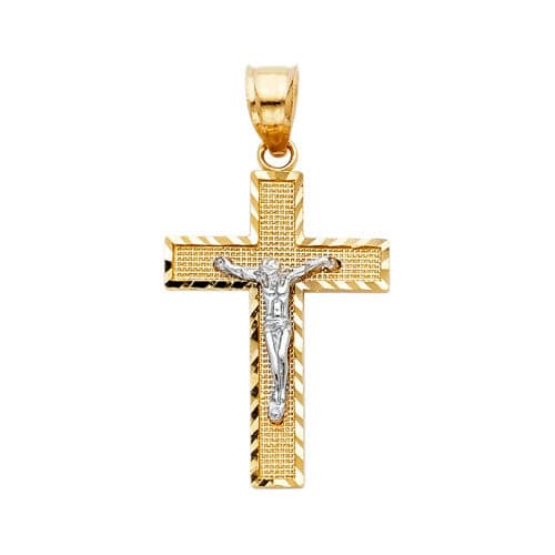 14K Two Tone Gold Jesus Crucifix Cross Religious Pendant