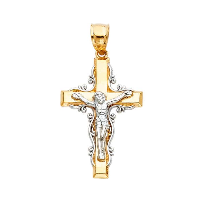 14K Two Tone Gold Jesus Crucifix Cross Religious Pendant