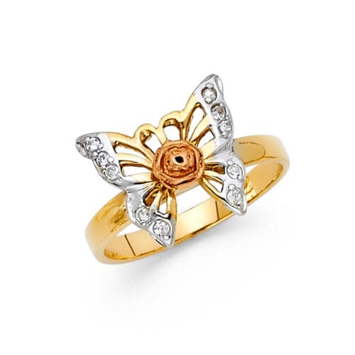14K Tri Color Gold Cubic Zirconia Fancy Butterfly Ring