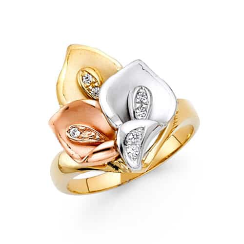 14K Tri Color Gold Cubic Zirconia Fancy Flower Ring