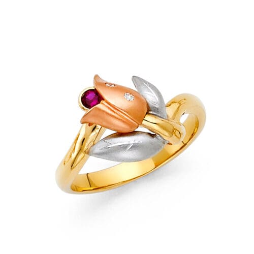 14K Tri Color Gold Cubic Zirconia Fancy Flower Ring