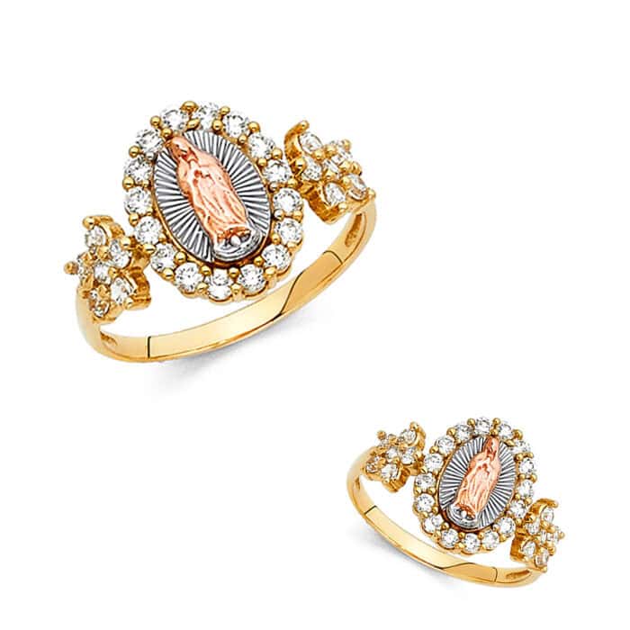 14K Tri Color Gold Cubic Zirconia Our Lady of Guadalupe Ring - Image 3