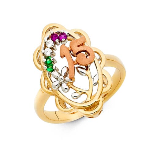 14K Tri Color Gold Cubic Zirconia 15 Years Ring