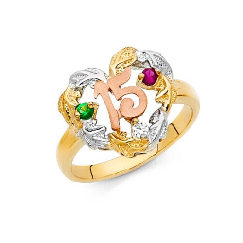 14K Tri Color Gold Cubic Zirconia 15 Years Ring