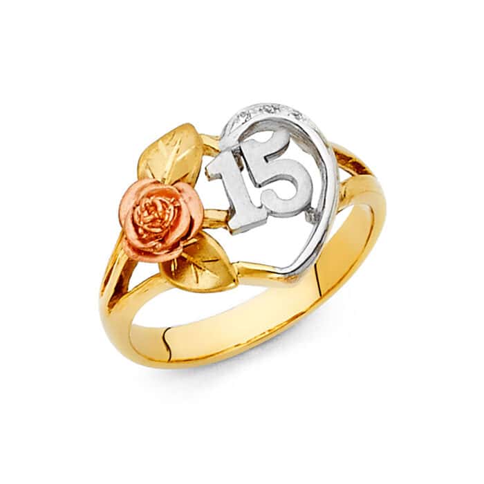 14K Tri Color Gold 15 Years Ring