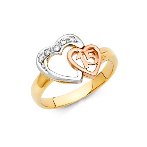 14K Tri Color Gold Cubic Zirconia 15 Years Ring
