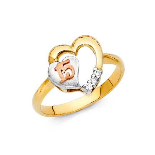 14K Tri Color Gold Cubic Zirconia 15 Years Ring
