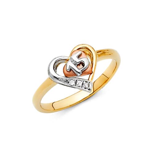 14K Tri Color Gold Cubic Zirconia 15 Years Ring