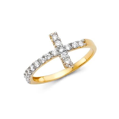 14K Yellow Gold Side Way Cubic Zirconia Cross Ring