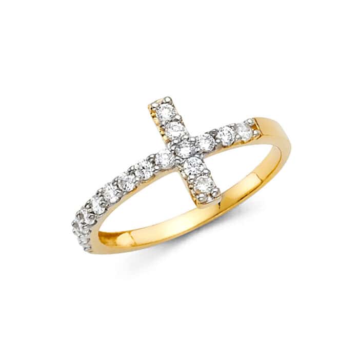 14K Yellow Gold Side Way Cubic Zirconia Cross Ring
