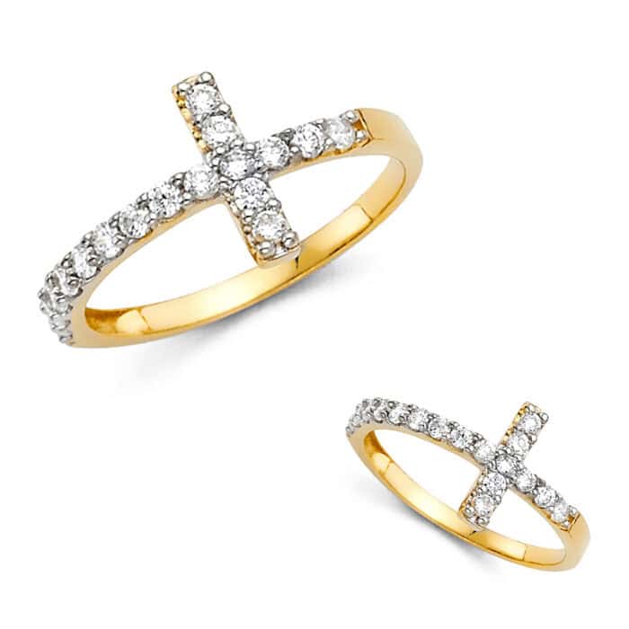 14K Yellow Gold Side Way Cubic Zirconia Cross Ring - Image 3