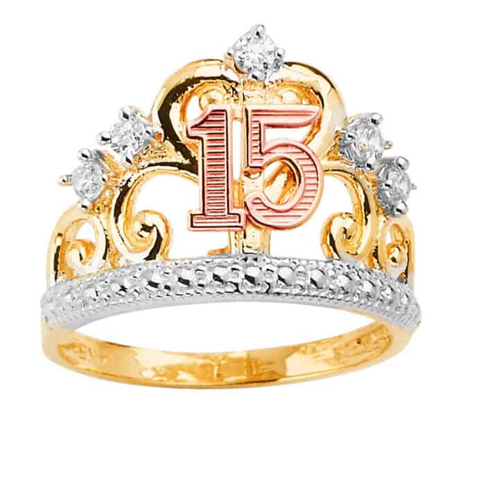 14K Tri Color Gold 15 Years Crown Cubic Zirconia Ring - Image 2