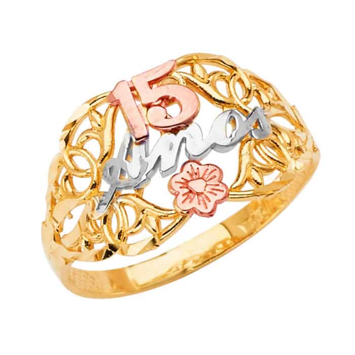 14K Tri Color Gold 15 Years Ring