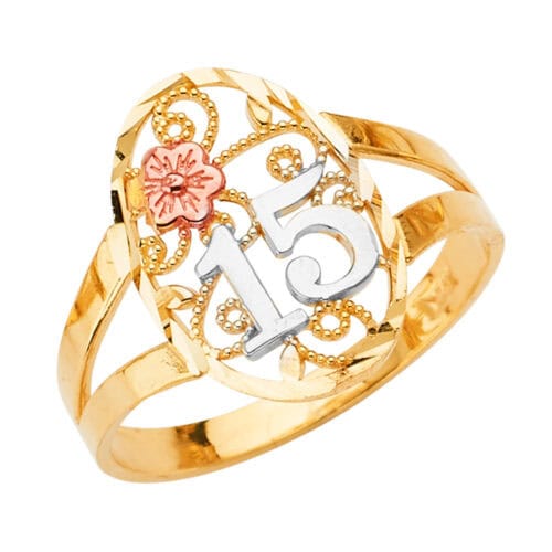 14K Tri Color Gold 15 Years Ring