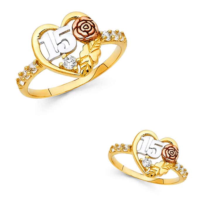 14K Tri Color Gold 15 Years Cubic Zirconia Ring - Image 3