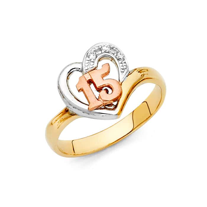 14K Tri Color Gold 15 Years Heart Cubic Zirconia Ring