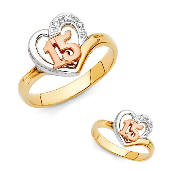 14K Tri Color Gold 15 Years Heart Cubic Zirconia Ring - Image 3