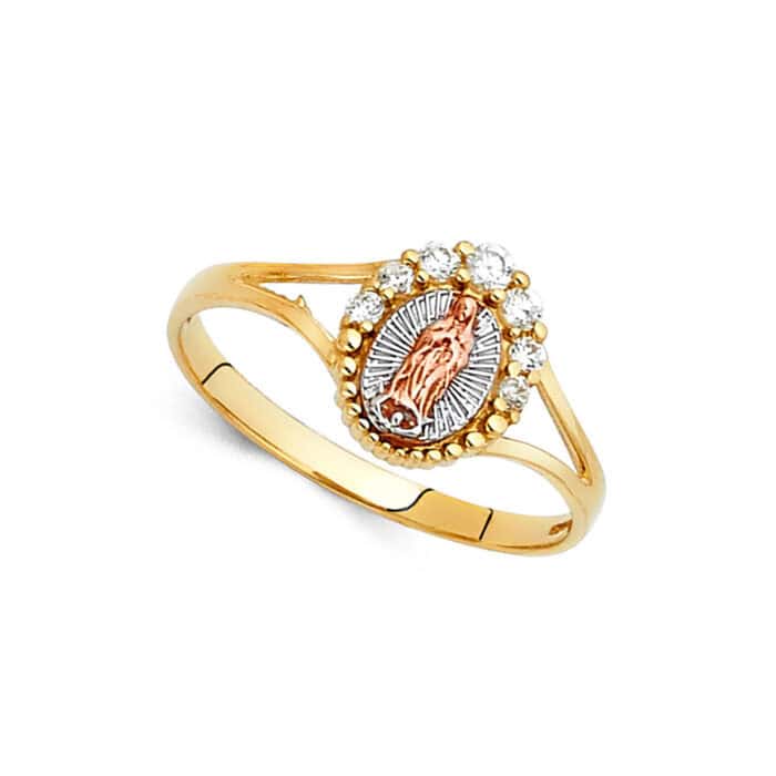 14K Tri Color Gold Religious Cubic Zirconia Ring - Image 2