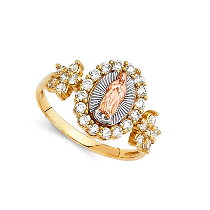 14K Tri Color Gold Cubic Zirconia Our Lady of Guadalupe Ring - Image 2