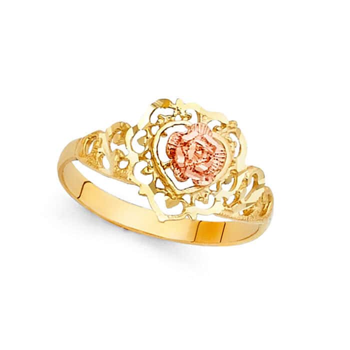 14K Two Tone Gold Fancy Flower Ring - Image 2