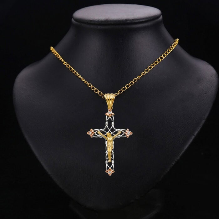 14K Tri Color Gold Cubic Zirconia Religious Crucifix Pendant - Image 2