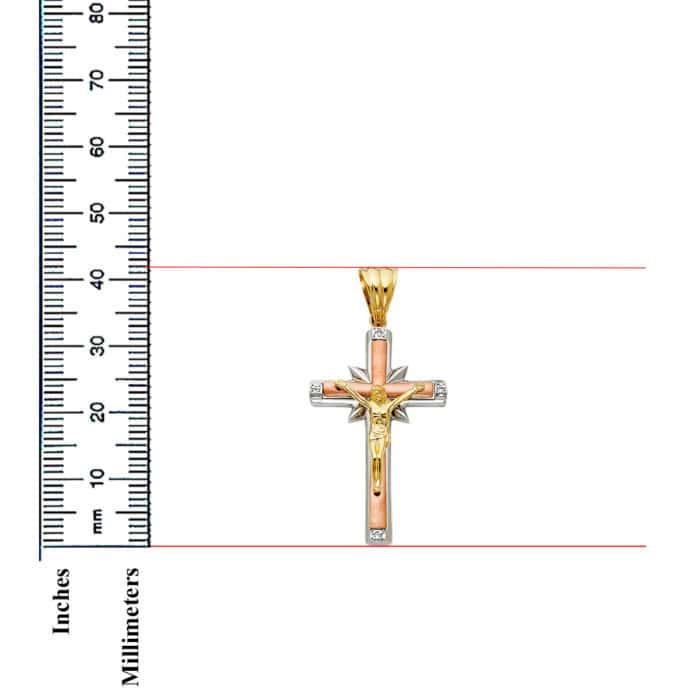 14K Tri Color Gold Cubic zirconia Religious Crucifix Pendant - Image 3