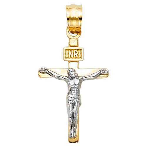14K Two Tone Gold Jesus Crucifix Cross Religious Pendant