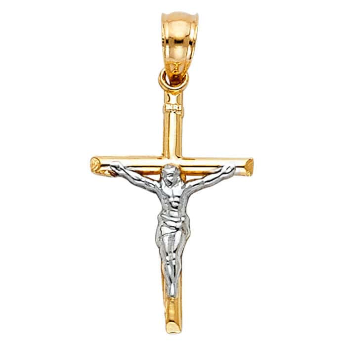 14K Two Tone Gold Jesus Crucifix Cross Religious Pendant