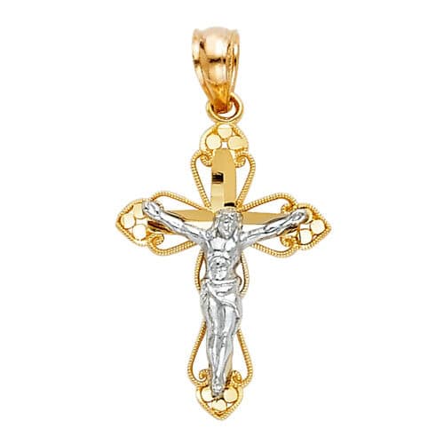 14K Two Tone Gold Jesus Crucifix Cross Religious Pendant