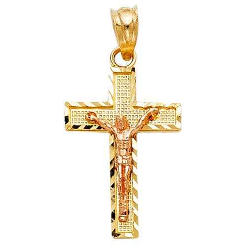 14K Two Tone Gold Jesus Crucifix Cross Religious Pendant