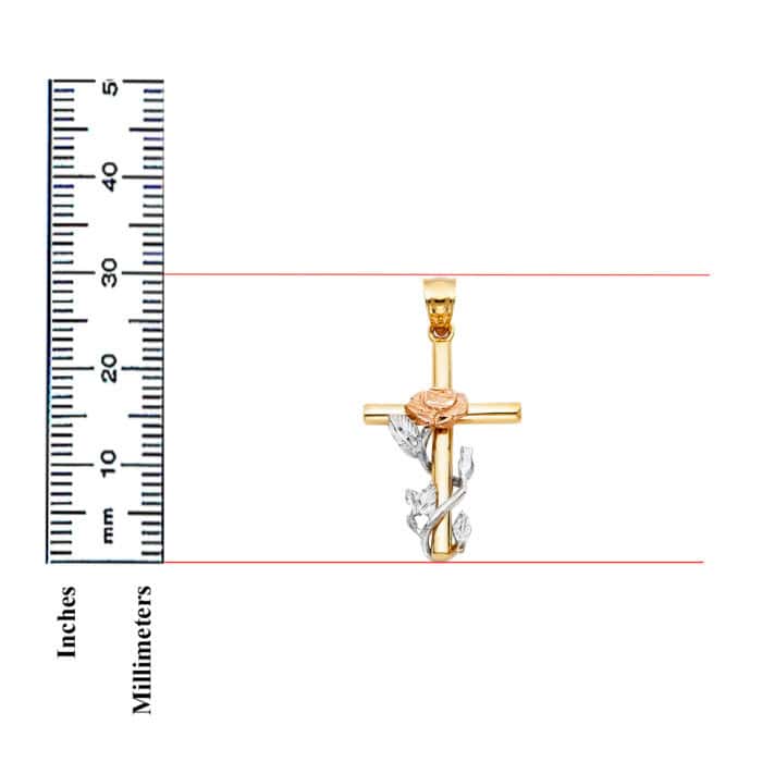 14K Tri Color Gold Religious Cross withRose Pendant - Image 3