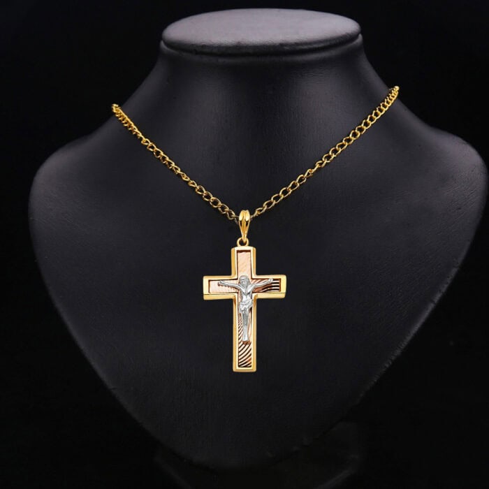 14K Tri Color Gold Religious Crucifix Pendant - Image 2