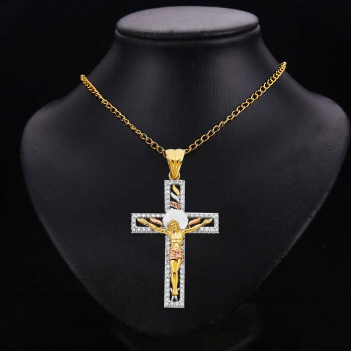 14K Tri Color Gold Cubic zirconia Religious Crucifix Pendant - Image 2