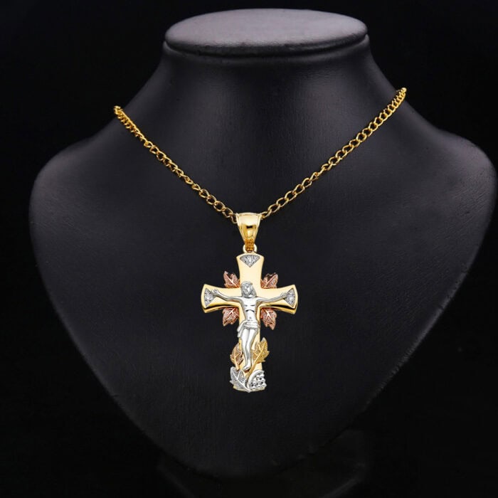 14K Tri Color Gold Cubic Zirconia Religious Crucifix Pendant - Image 2