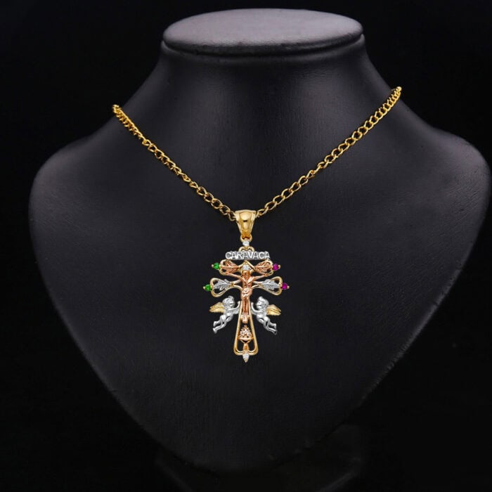 14K Tri Color Gold Cubic Zirconia Religious Cross of Caravaca Pendant - Image 2