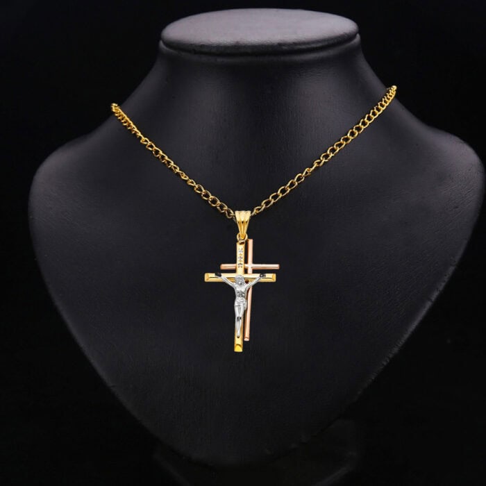 14K Tri Color Gold Religious Crucifix Pendant - Image 2
