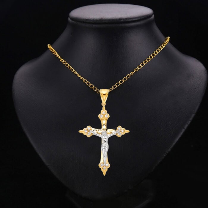 14K Yellow Gold Cubic Zirconia Religious Crucifix Pendant - Image 2