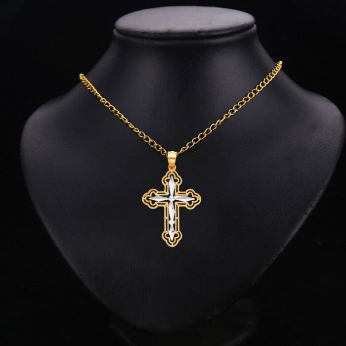 14K Two Tone Gold Religious Cross Pendant - Image 2