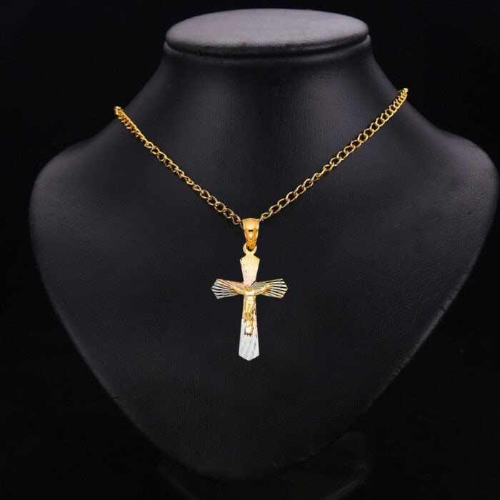 14K Tri Color Gold Religious Crucifix Stamp Pendant - Image 2
