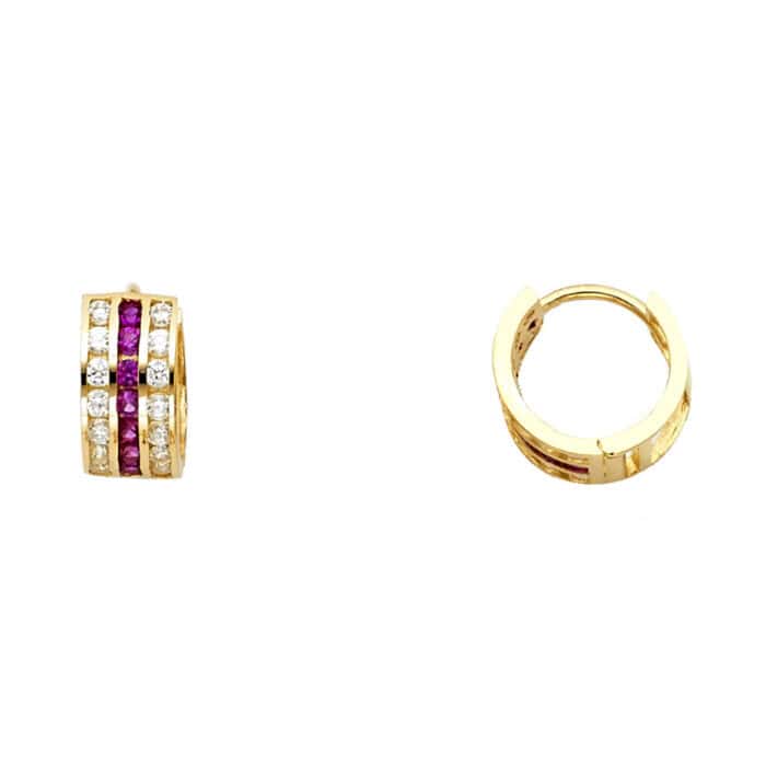 14K Yellow Gold Red & White Cubic Zirconia Huggies Earrings
