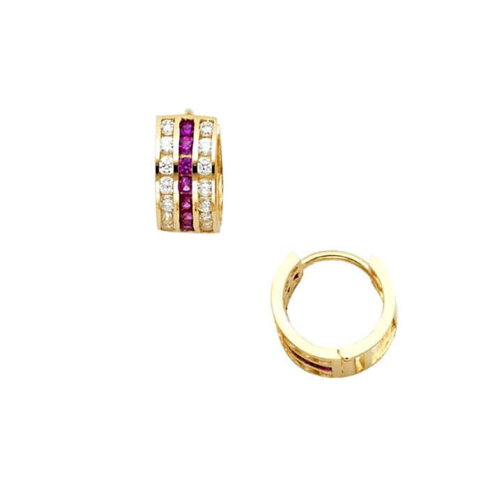 14K Yellow Gold Red & White Cubic Zirconia Huggies Earrings - Image 3