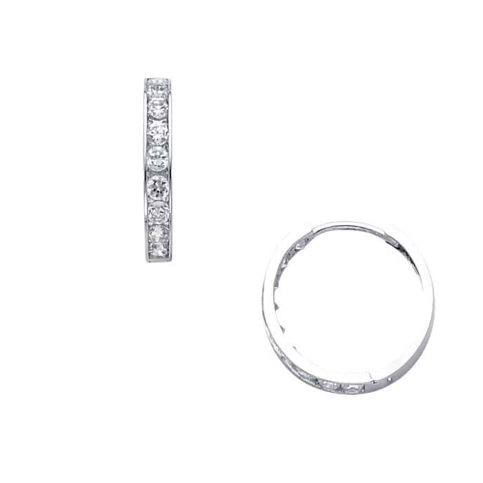 14K White Gold 3mm Cubic Zirconia Huggies Earrings - Image 3