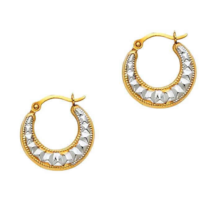 14K Two Tone Gold Fancy Hollow Hoop Earrings - Image 2