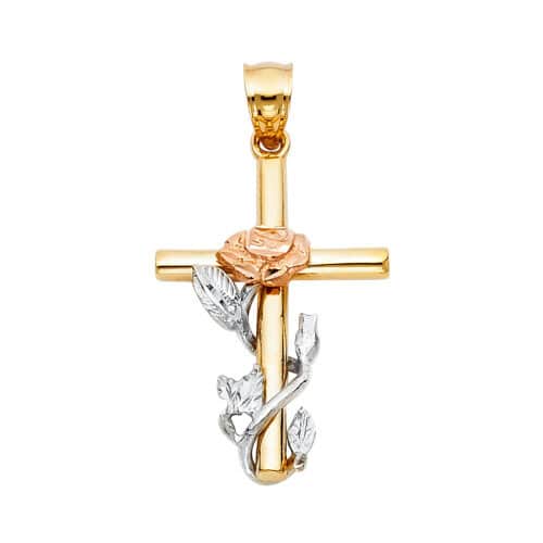 14K Tri Color Gold Religious Cross withRose Pendant
