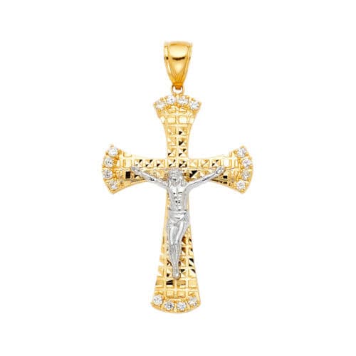 14K Yellow Gold Cubic Zirconia Religious Crucifix Pendant